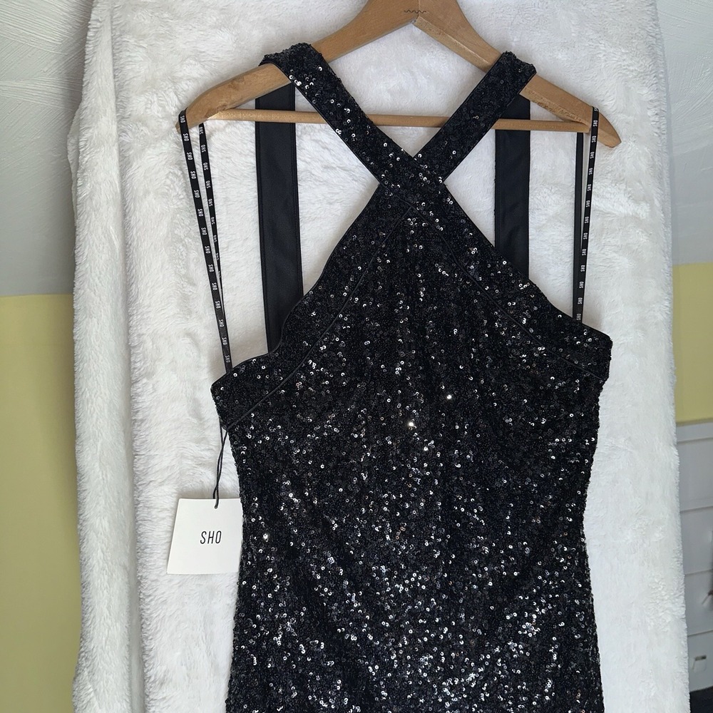 NEW Sho Tadashi Shoji Sequin Halter Mini Dress Black L Cocktail Party Whimsigoth - Picture 3 of 10